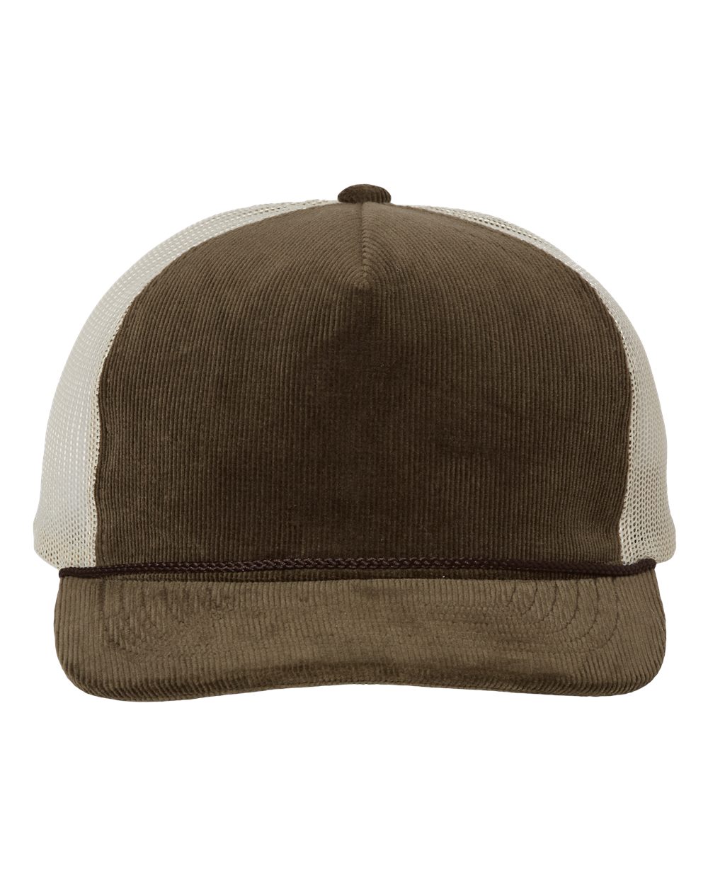 Front View of Brown/ Sand Troutdale Corduroy Trucker Cap - 930