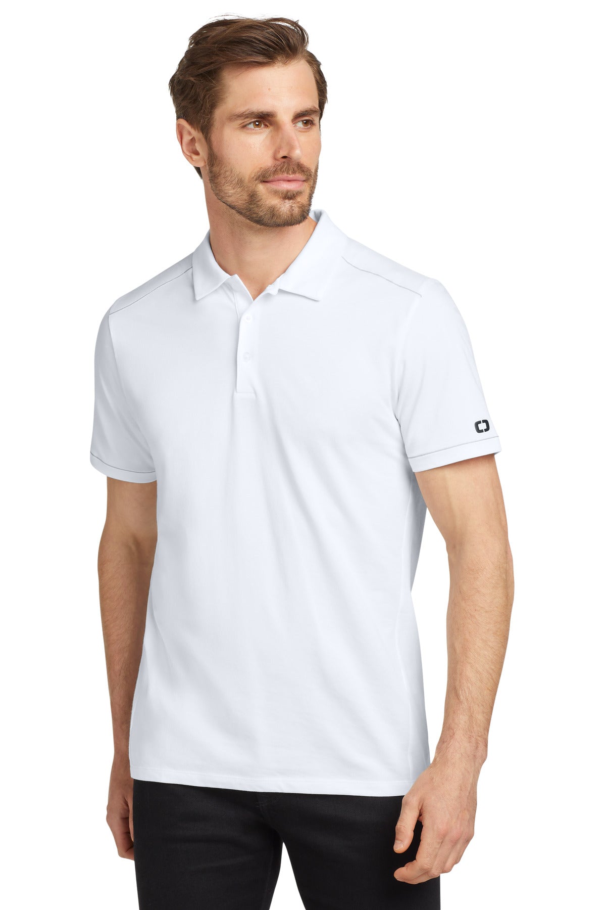 Front View of BrtWhite OGIO Code Stretch Polo. OG146