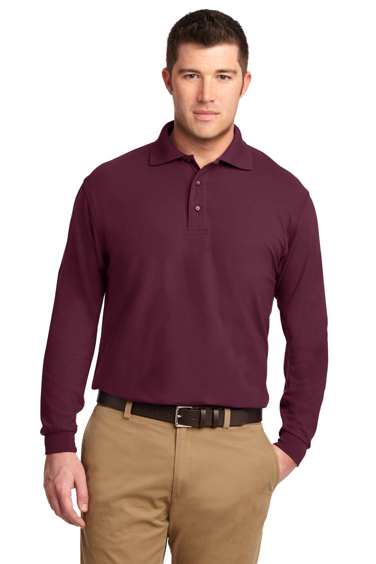 Front View of Burgundy Port Authority Silk Touch Long Sleeve Polo. K500LS