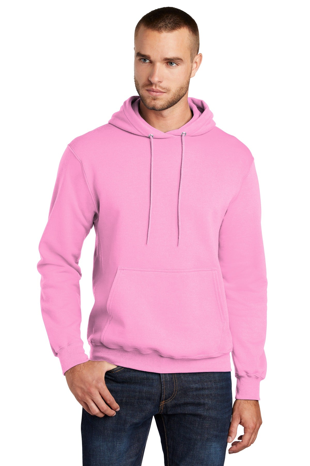 Front View of Candy Pink Port & Co Core Fleece Pullover Hooded Sweatshirt. PC78H
