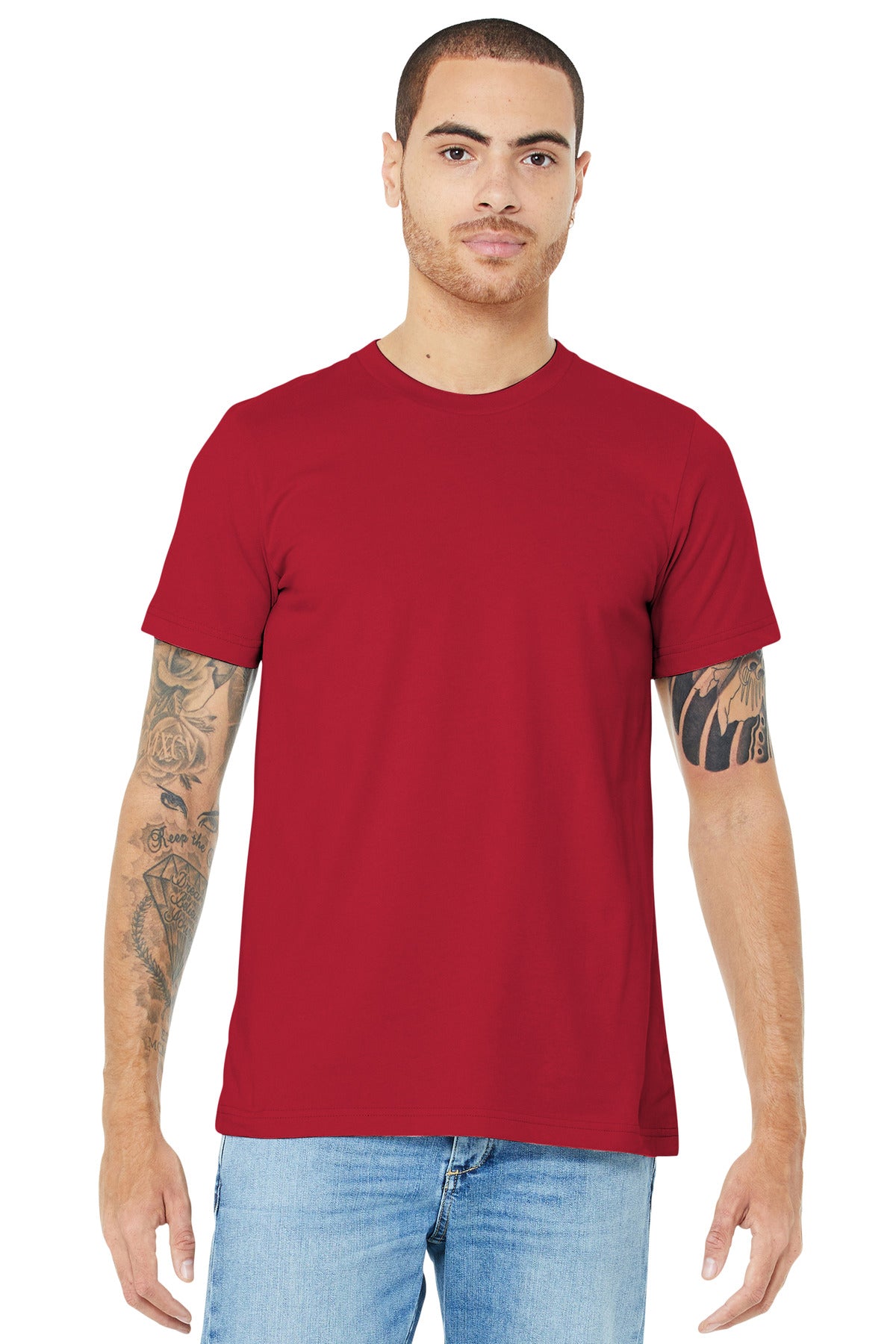 Front View of Canvas Red BELLA+CANVAS Unisex Jersey Short Sleeve Tee. BC3001