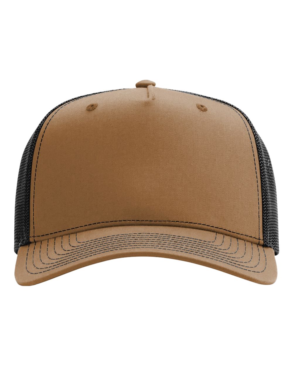 Front View of Caramel/ Black Five-Panel Champ Trucker Cap - 112FPC