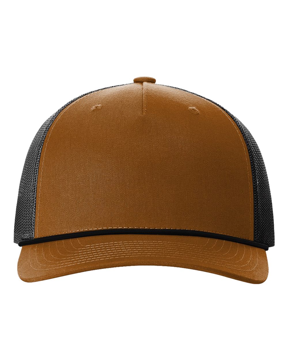 Front View of Caramel/ Black Five-Panel Trucker with Rope Cap - 112FPR