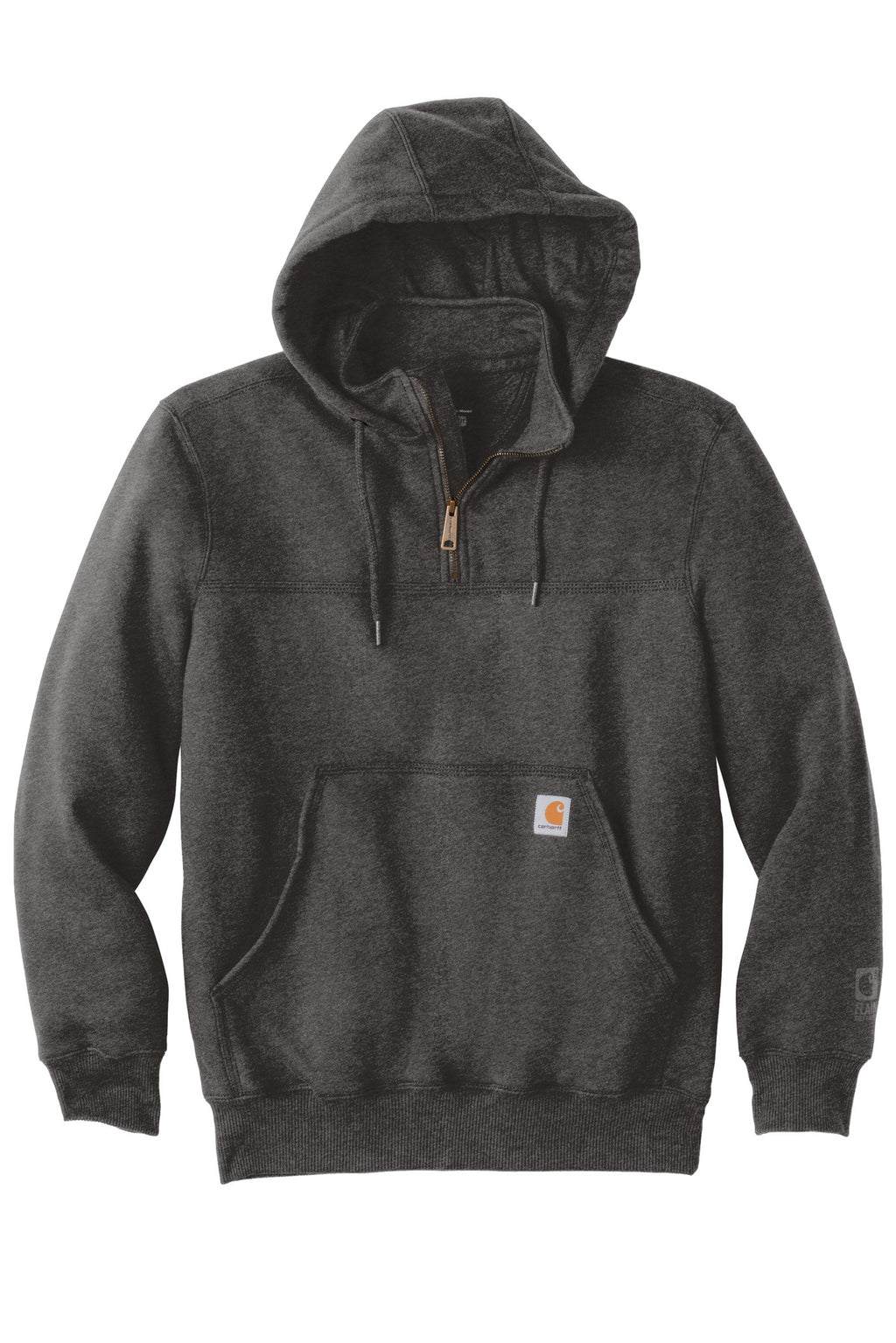 Front View of Carbon Heather Carhartt Rain Defender Paxton Heavyweight Hooded Zip Mock Sweatshirt. CT100617