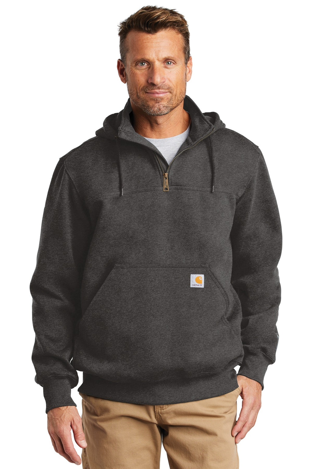 Front View of Carbon Heather Carhartt Rain Defender Paxton Heavyweight Hooded Zip Mock Sweatshirt. CT100617