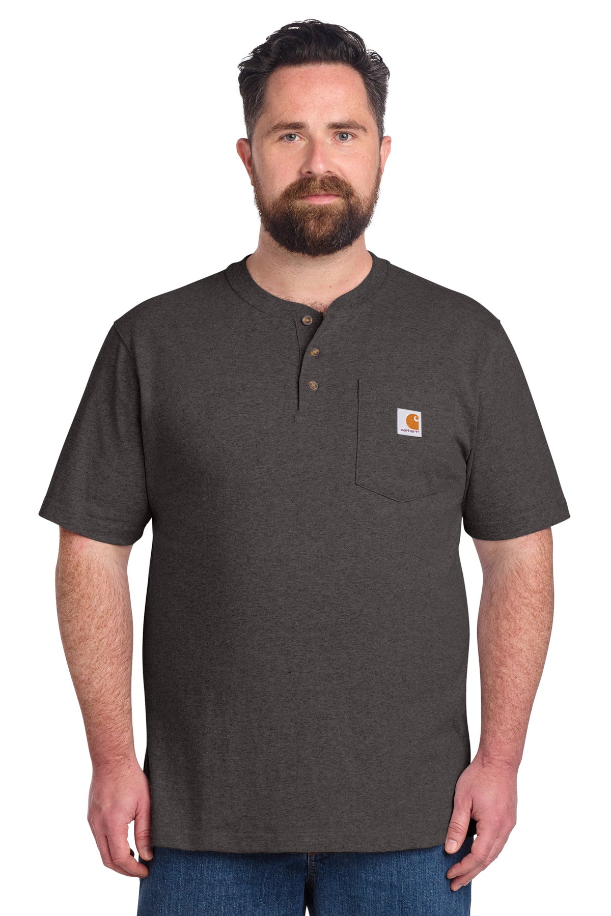Front View of Carbon Heather Carhartt Short Sleeve Henley T-Shirt CTK84