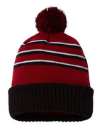 Front View of Cardinal/ Black/ White Pom Cuffed Beanie - 134