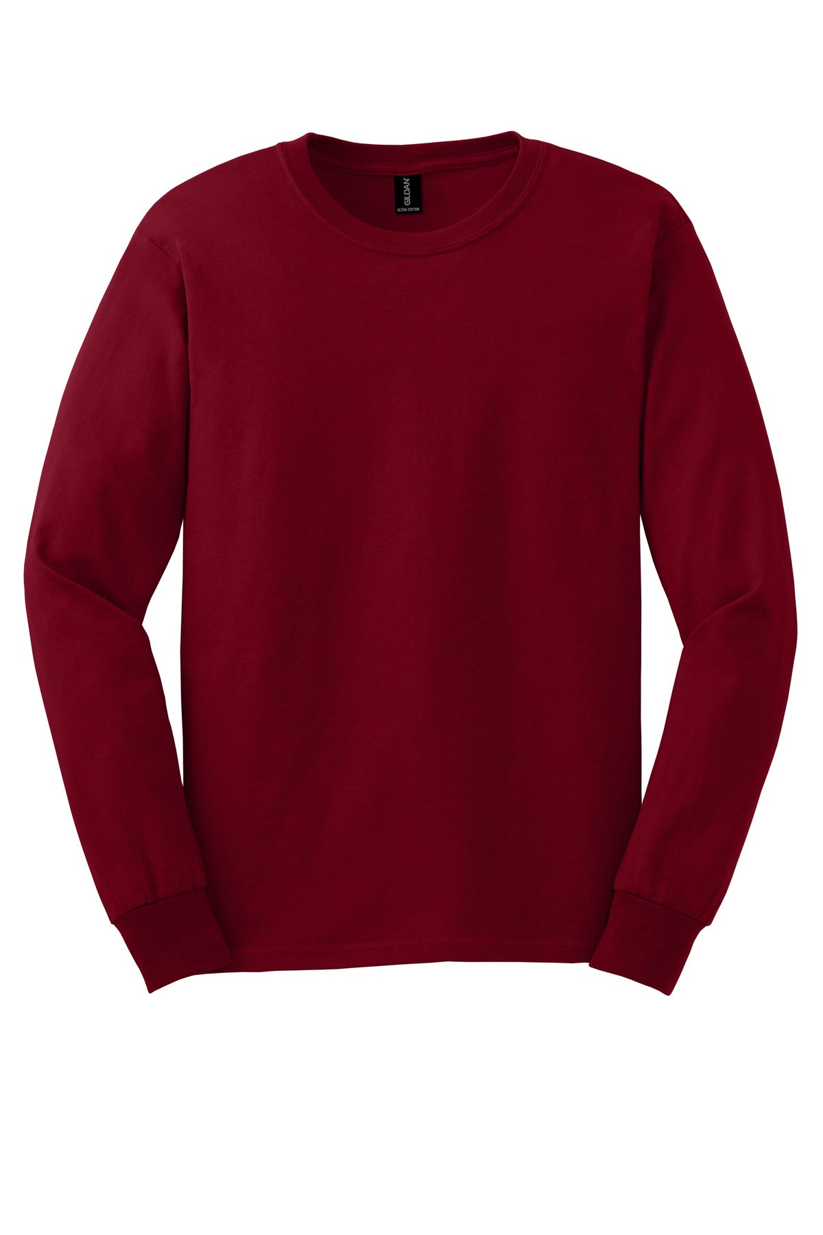 Front View of Cardinal Red Gildan - Ultra Cotton 100% US Cotton Long Sleeve T-Shirt. G2400