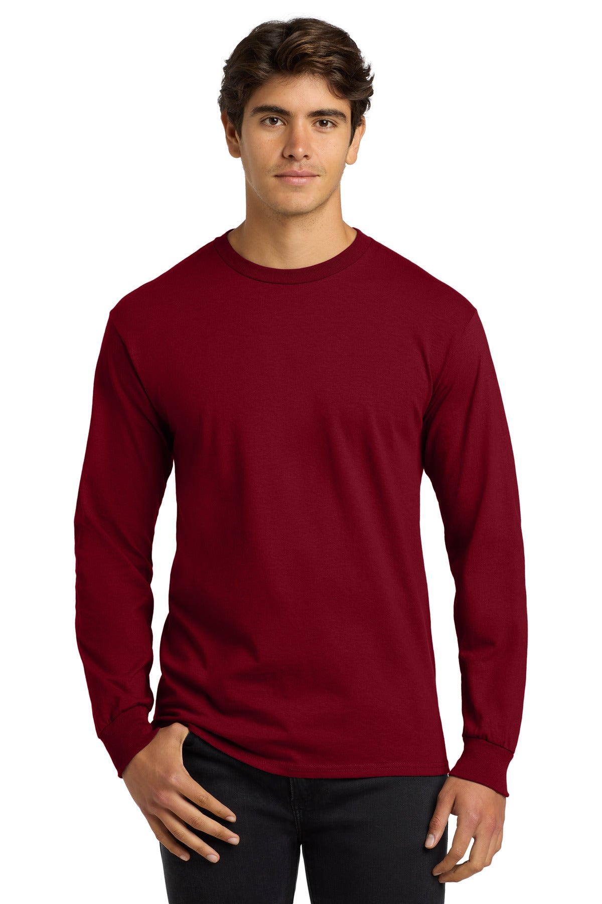 Front View of Cardinal Red Gildan - Ultra Cotton 100% US Cotton Long Sleeve T-Shirt. G2400