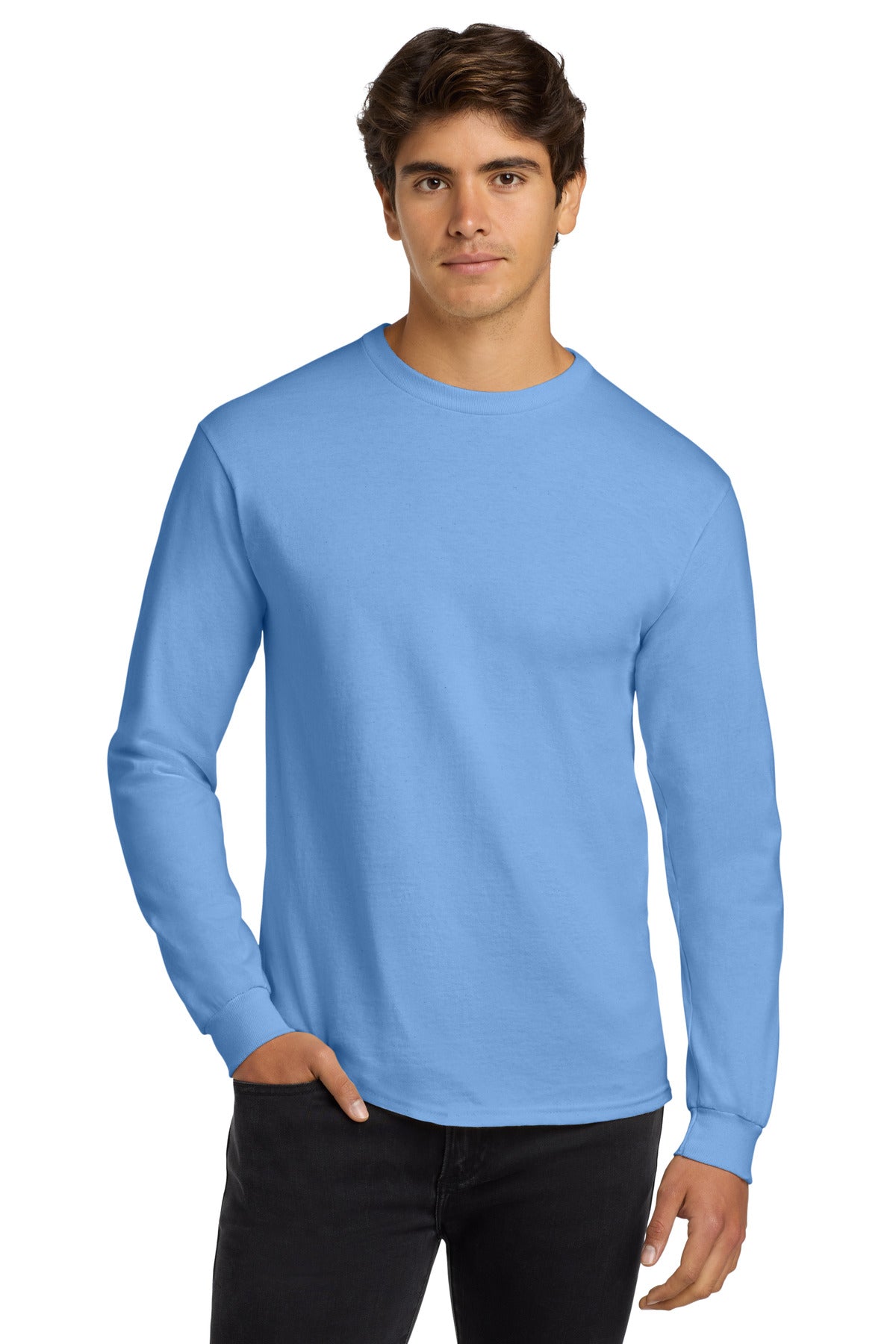 Front View of Carolina Blue Gildan - Ultra Cotton 100% US Cotton Long Sleeve T-Shirt. G2400