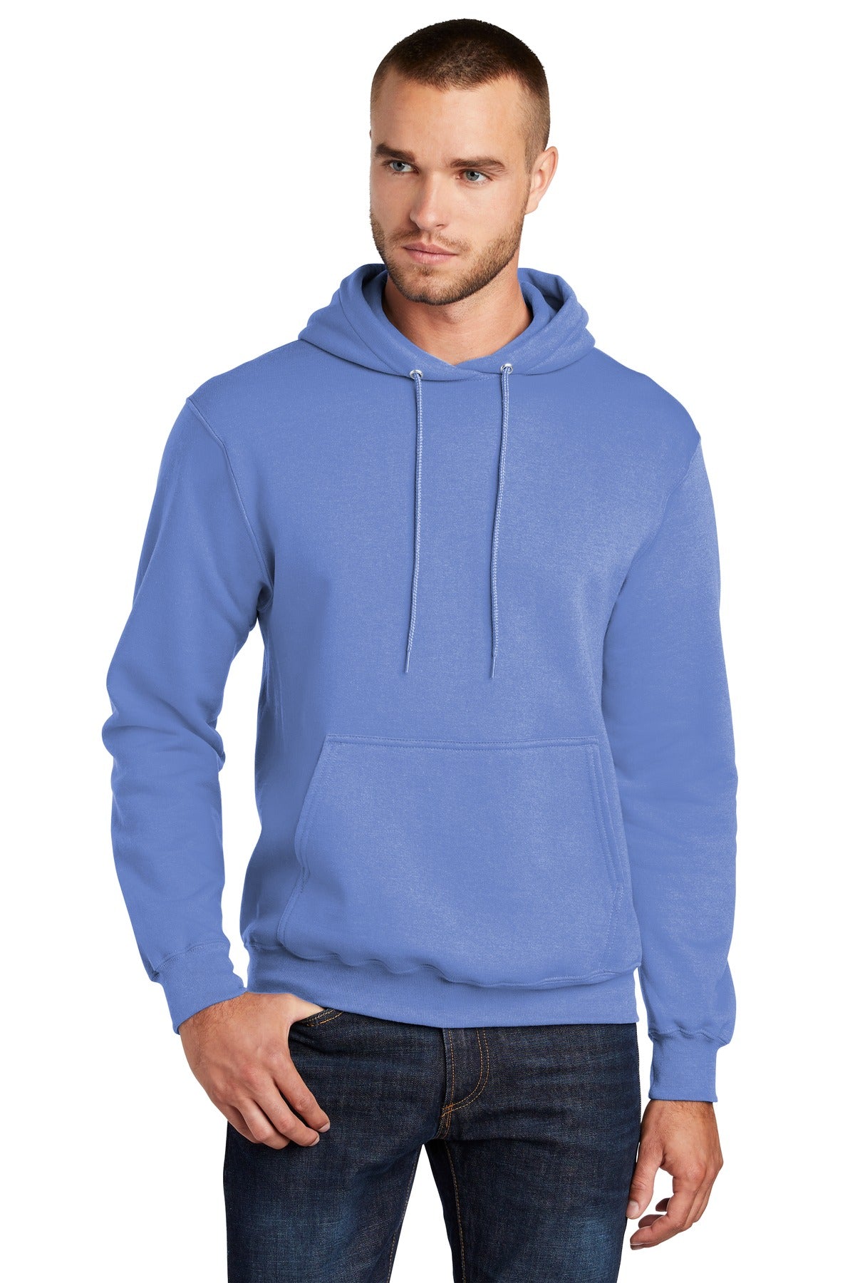 Front View of Carolina Blue Port & Co Core Fleece Pullover Hooded Sweatshirt. PC78H