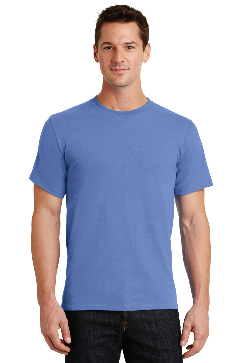 Front View of Carolina Blue Port & Co Essential Tee. PC61