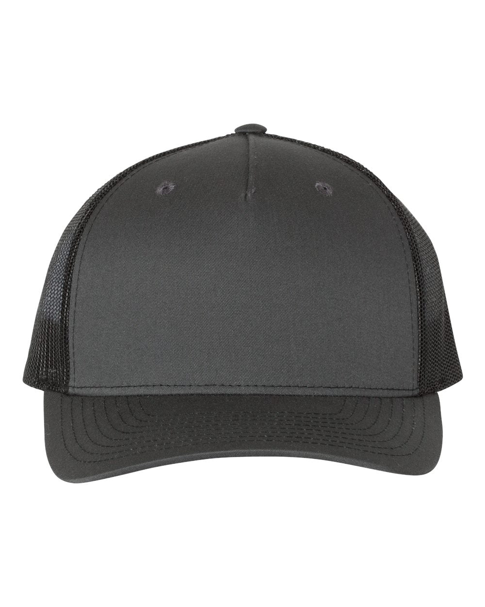 Front View of Charcoal/ Black Five-Panel Trucker Cap - 112FP