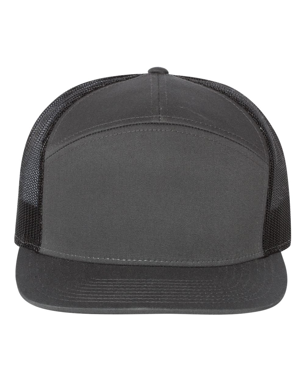 Front View of Charcoal/ Black Seven-Panel Trucker Cap - 168