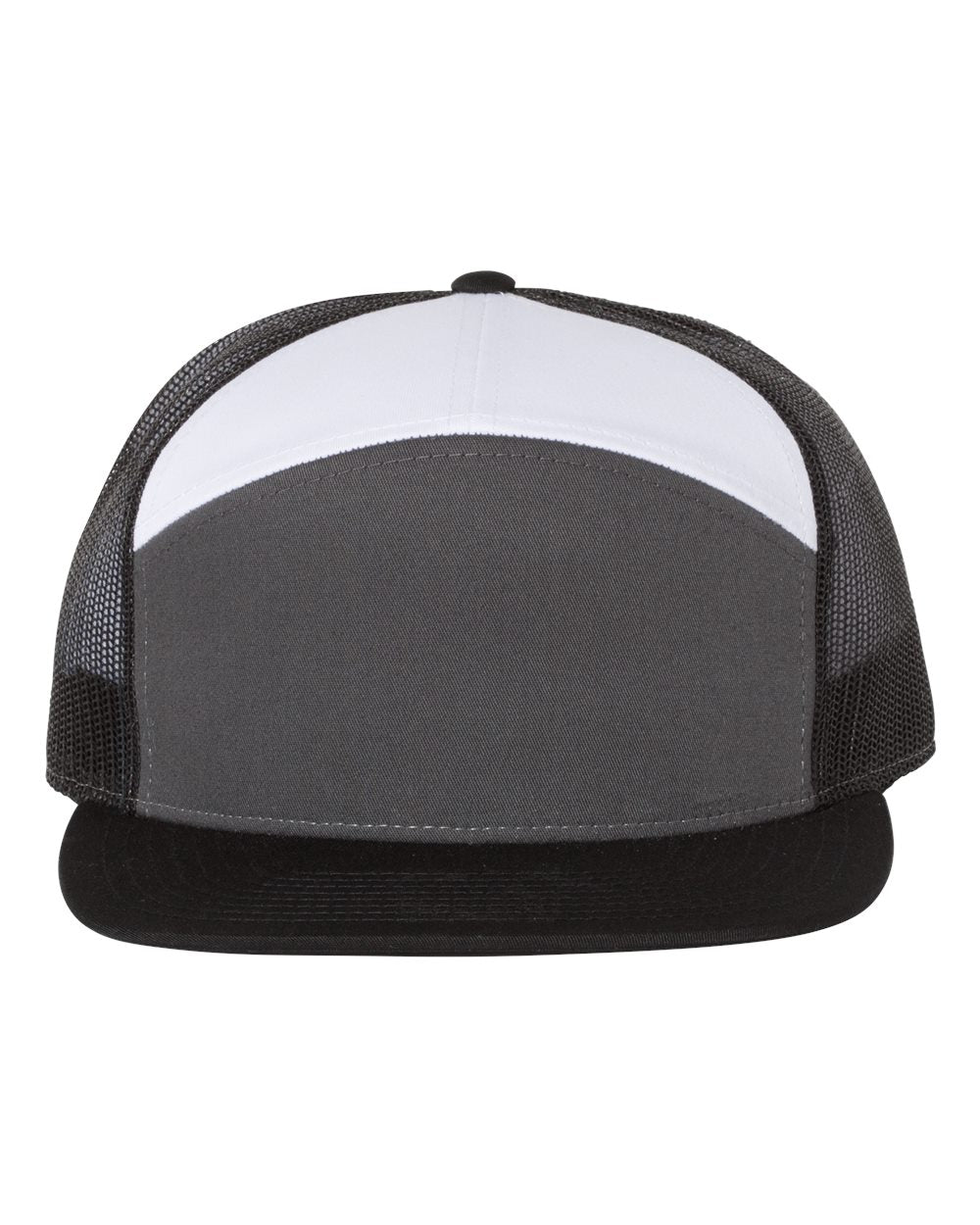 Front View of Charcoal/ Black/ White Seven-Panel Trucker Cap - 168