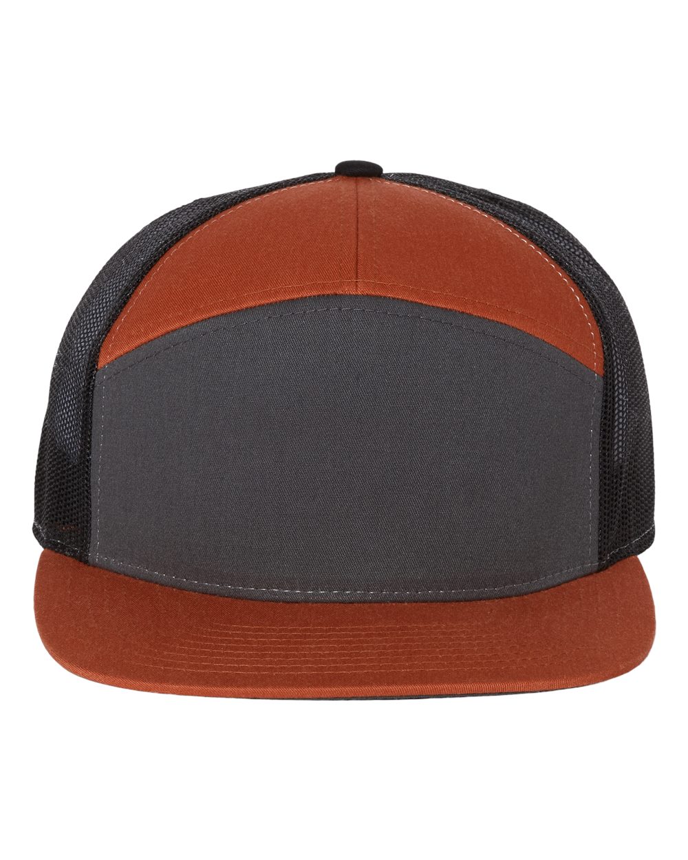 Front View of Charcoal/ Burnt Orange/ Black Seven-Panel Trucker Cap - 168