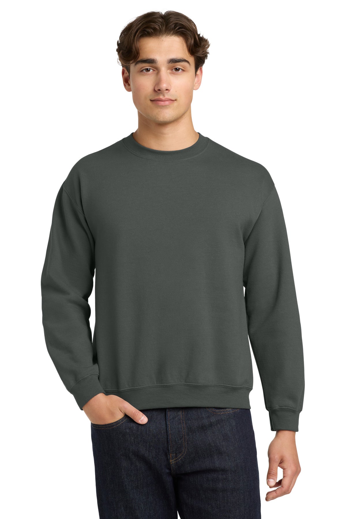 Front View of Charcoal Gildan Heavy Blend Crewneck Sweatshirt. 18000