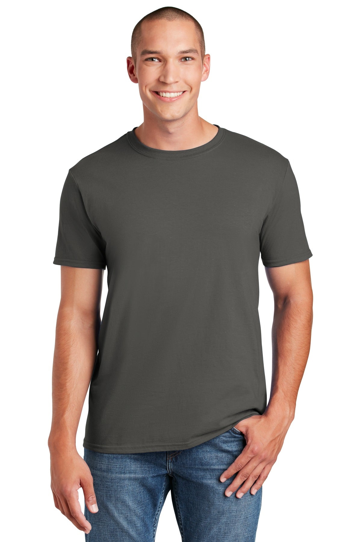 Front View of Charcoal Gildan Softstyle T-Shirt. 64000