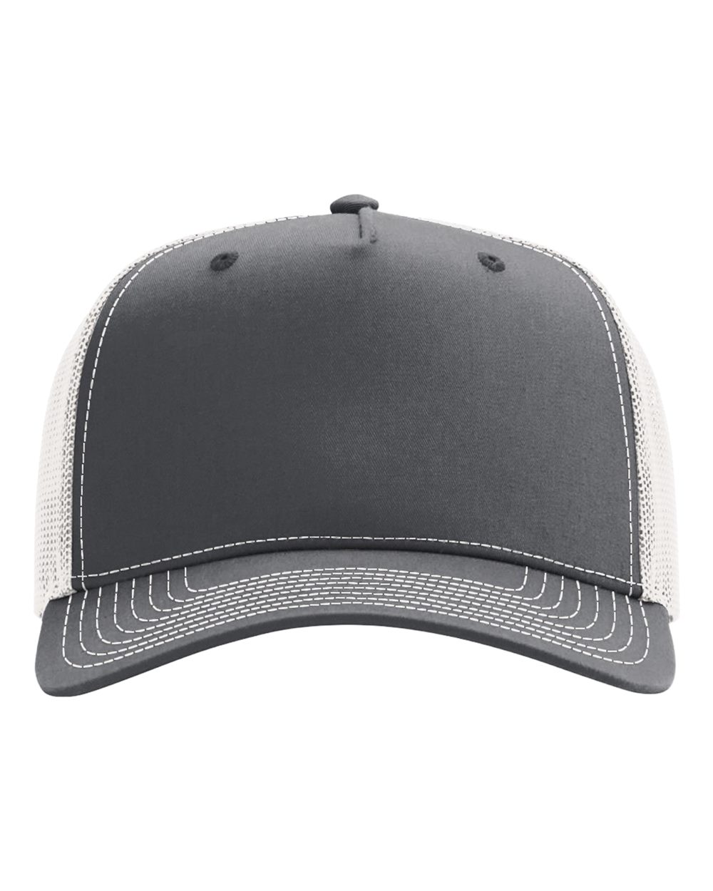 Front View of Charcoal/ Ice Grey Five-Panel Champ Trucker Cap - 112FPC
