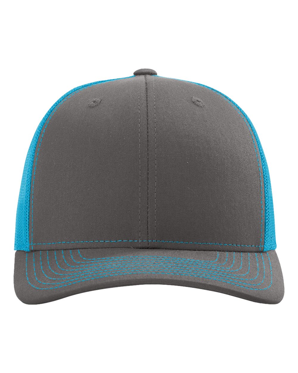 Front View of Charcoal/ Neon Blue Snapback Trucker Cap - 112