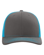 Front View of Charcoal/ Neon Blue Snapback Trucker Cap - 112