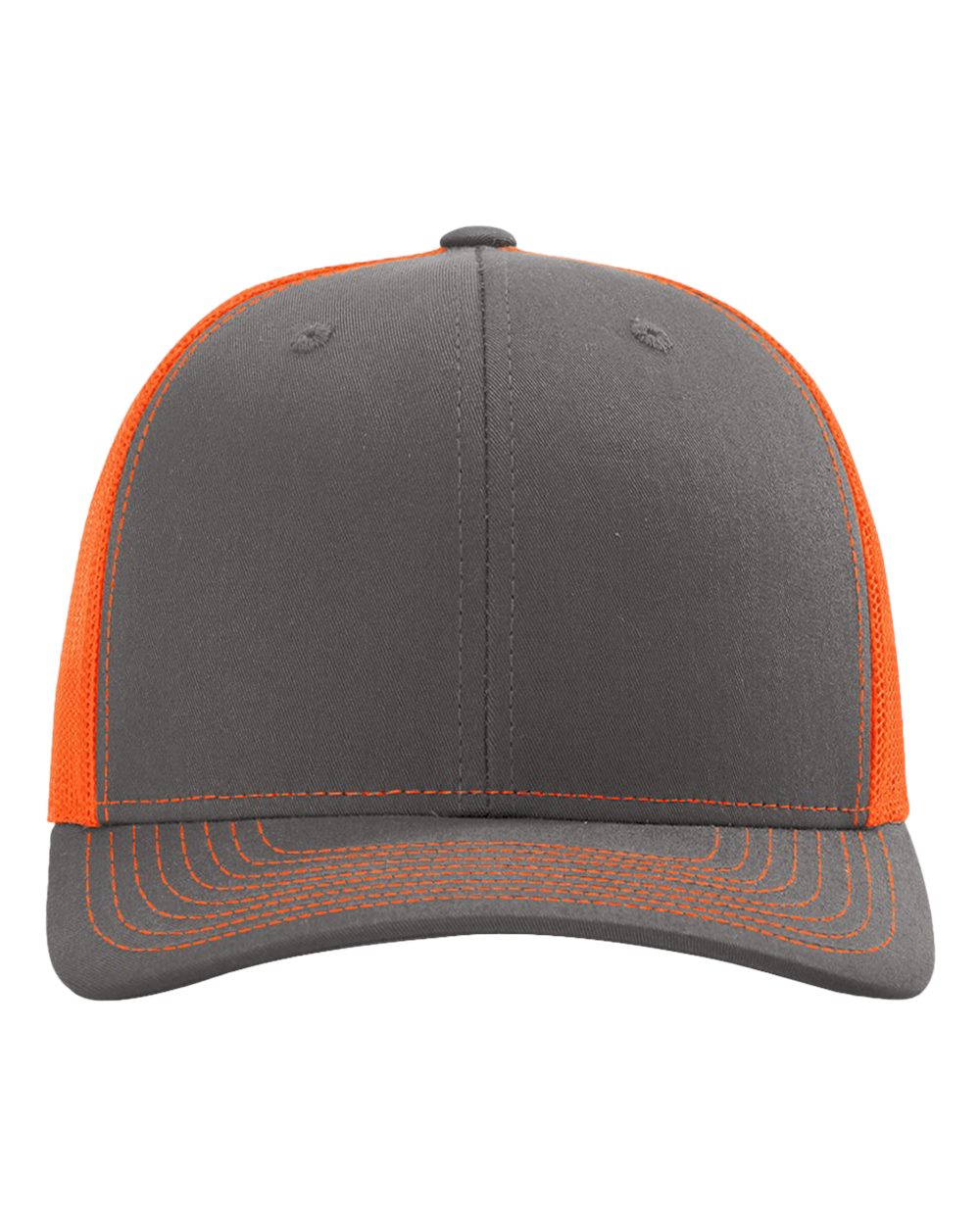 Front View of Charcoal/ Neon Orange Snapback Trucker Cap - 112