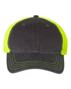 Front View of Charcoal/ Neon Yellow Garment-Washed Trucker Cap - 111