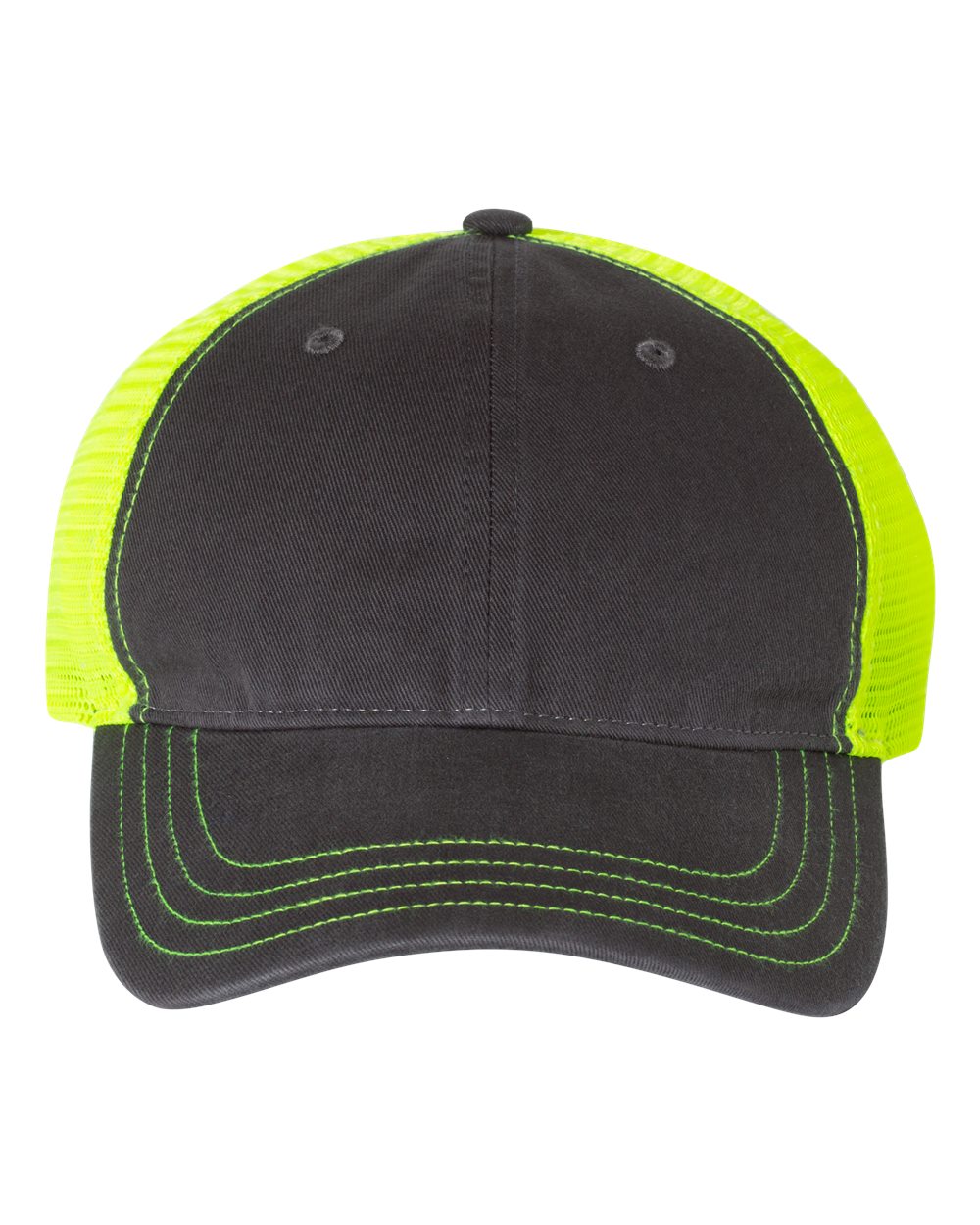 Front View of Charcoal/ Neon Yellow Garment-Washed Trucker Cap - 111