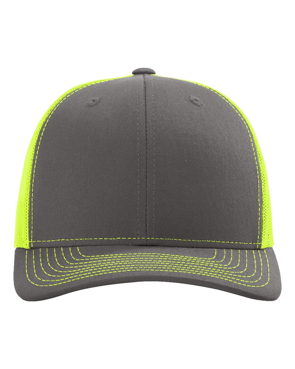 Front View of Charcoal/ Neon Yellow Snapback Trucker Cap - 112