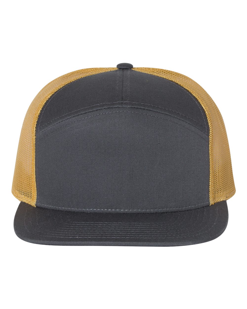 Front View of Charcoal/ Old Gold Seven-Panel Trucker Cap - 168