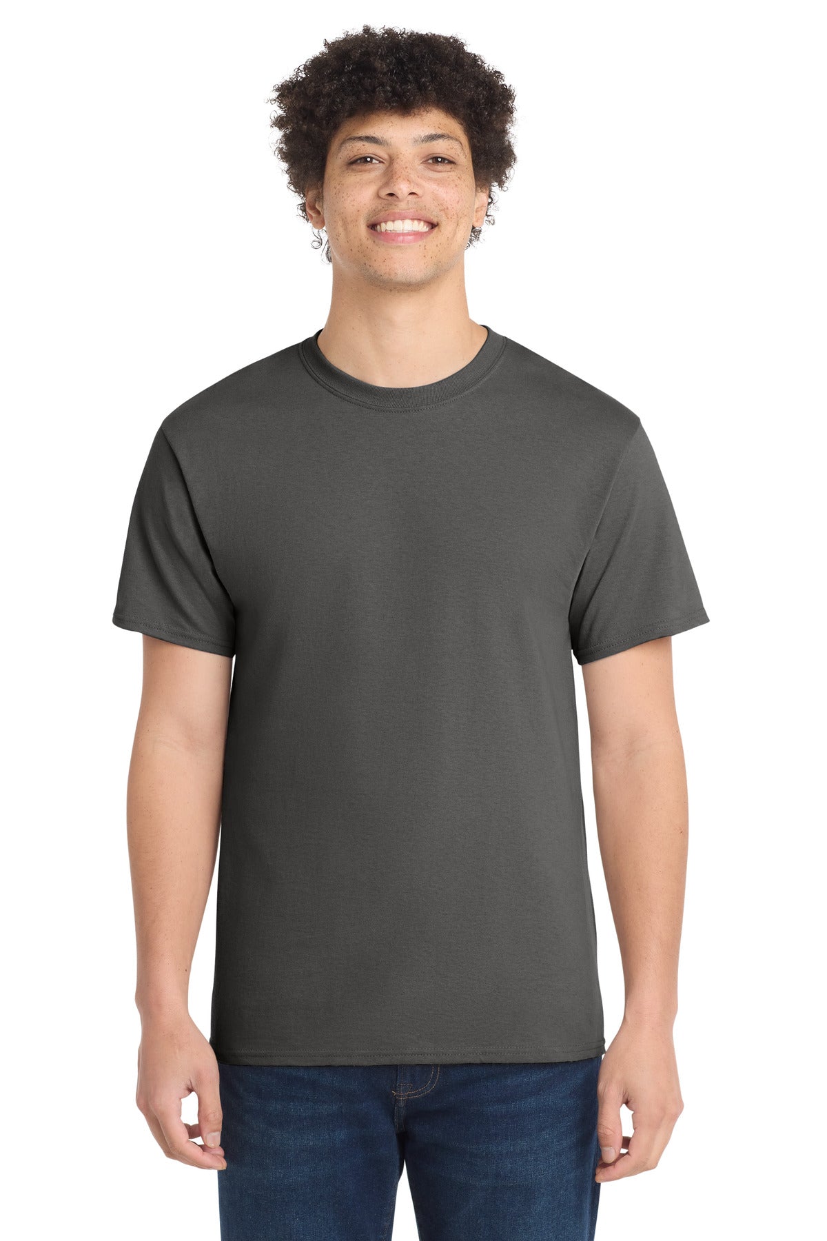 Front View of Charcoal Port & Co Core Cotton Tee. PC54