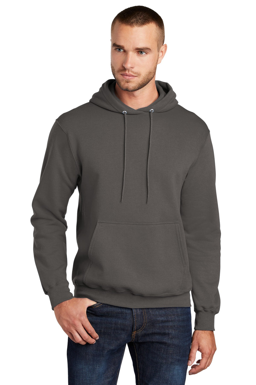 Front View of Charcoal Port & Co Core Fleece Pullover Hooded Sweatshirt. PC78H