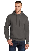 Front View of Charcoal Port & Co Core Fleece Pullover Hooded Sweatshirt. PC78H