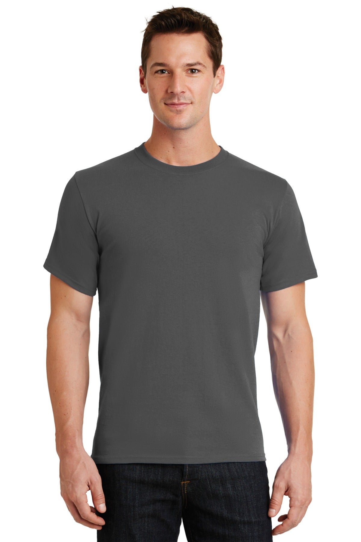 Front View of Charcoal Port & Co Essential Tee. PC61