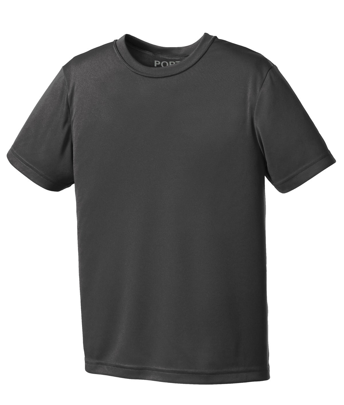 Front View of Charcoal Port & Co Youth Performance Tee. PC380Y