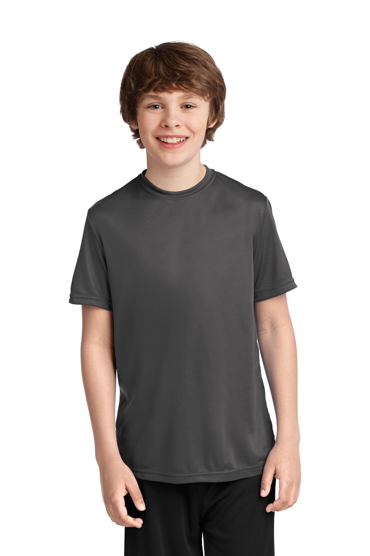 Front View of Charcoal Port & Co Youth Performance Tee. PC380Y