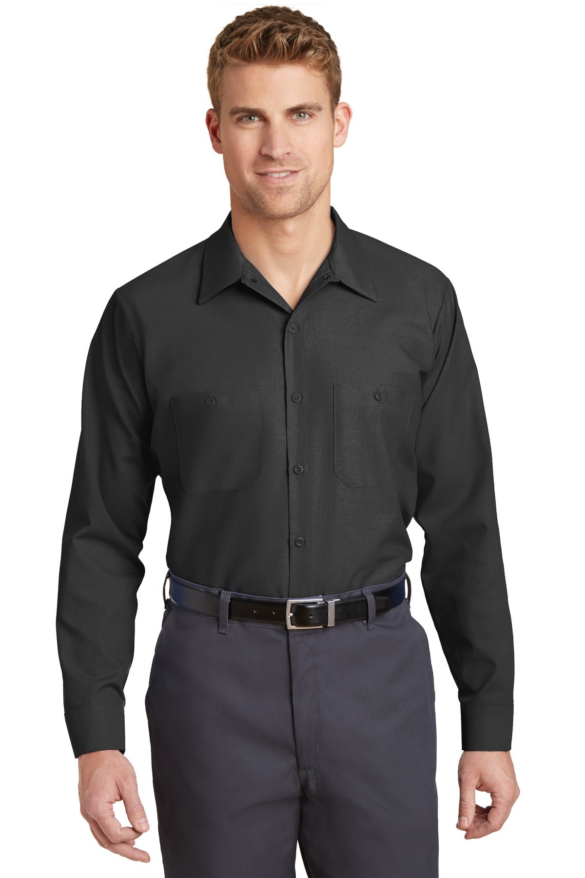 Front View of Charcoal. Red Kap Long Sleeve Industrial Work Shirt. SP14