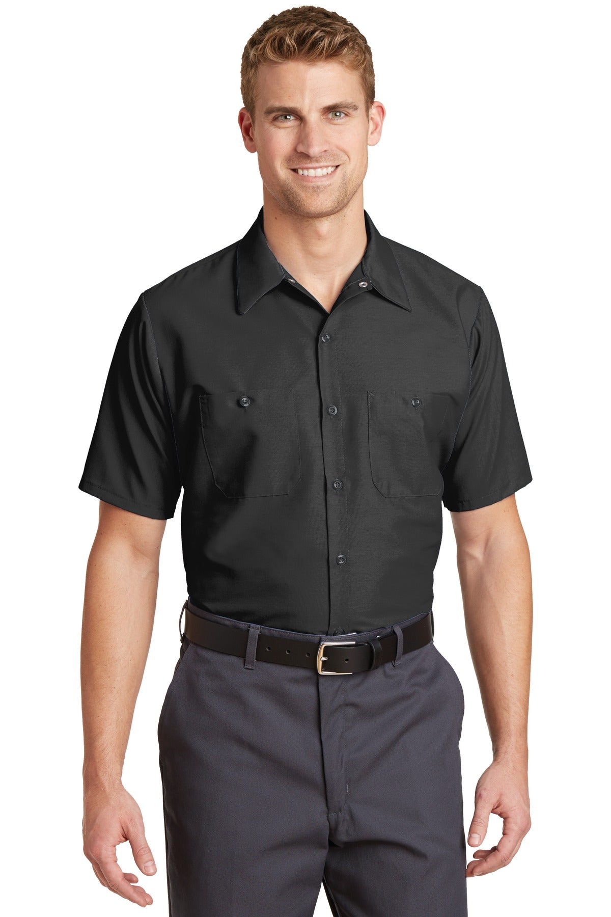 Front View of Charcoal Red Kap Short Sleeve Industrial Work Shirt. SP24