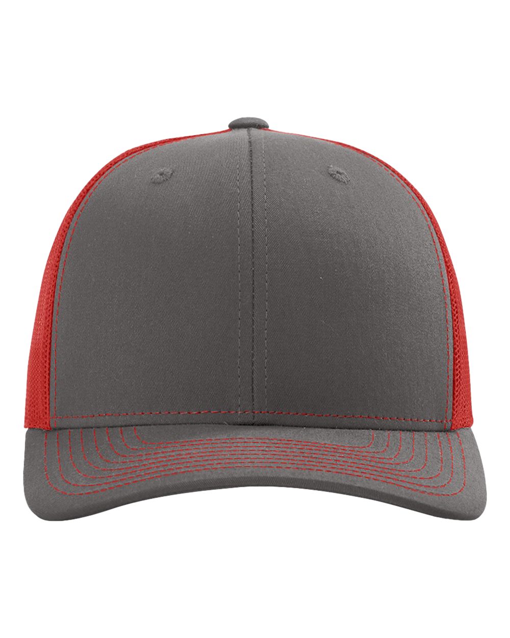 Front View of Charcoal/ Red Snapback Trucker Cap - 112