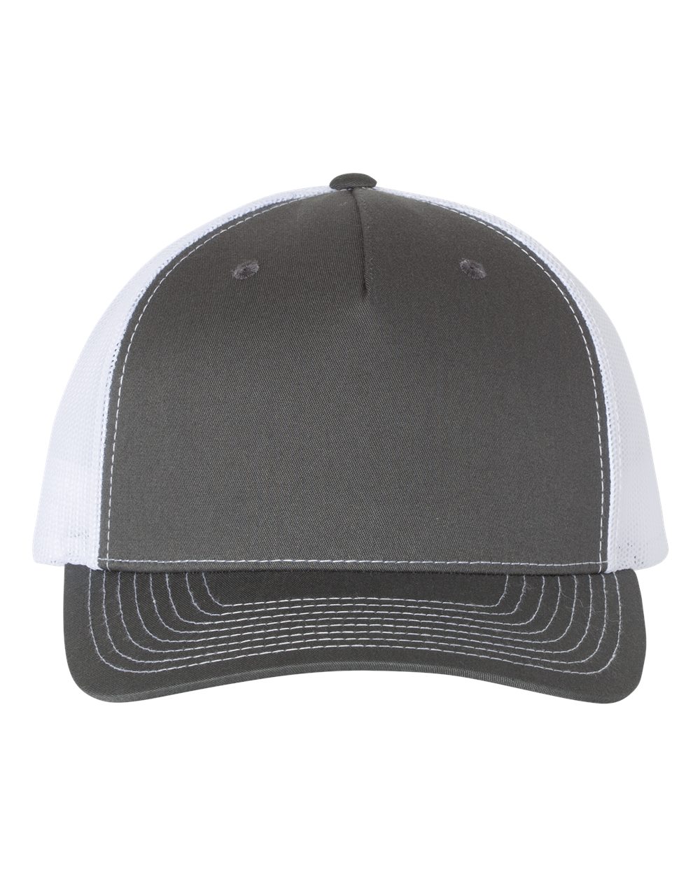 Front View of Charcoal/ White Five-Panel Trucker Cap - 112FP