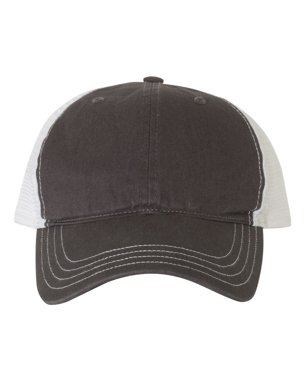 Front View of Charcoal/ White Garment-Washed Trucker Cap - 111