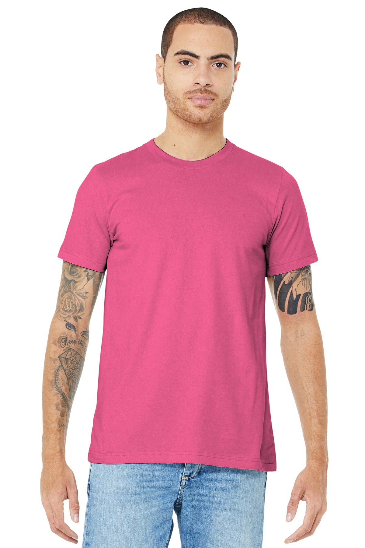 Front View of Charity Pink BELLA+CANVAS Unisex Jersey Short Sleeve Tee. BC3001