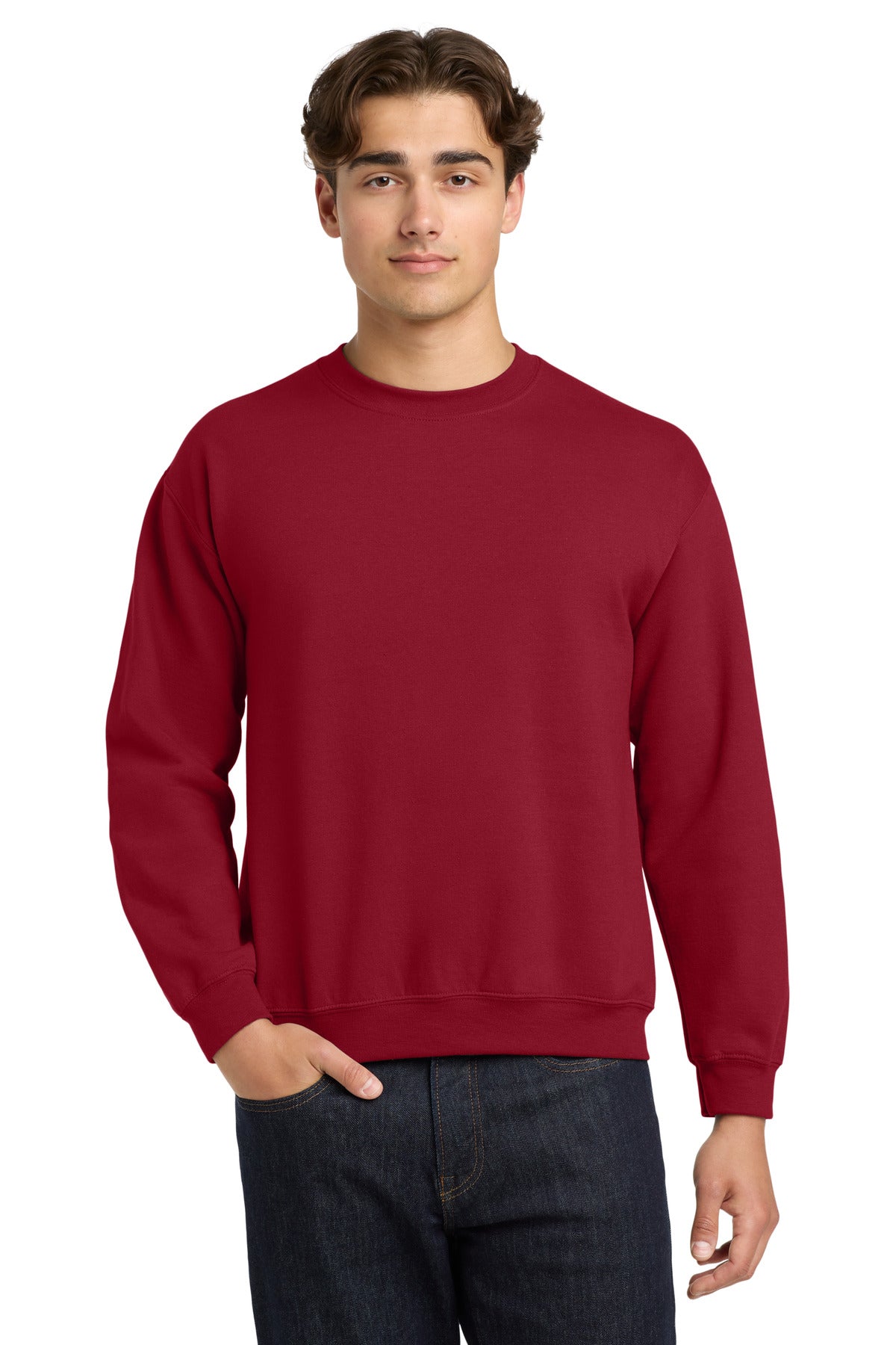 Front View of Cherry Red Gildan Heavy Blend Crewneck Sweatshirt. 18000