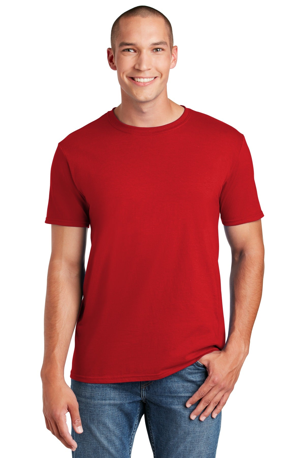 Front View of Cherry Red Gildan Softstyle T-Shirt. 64000