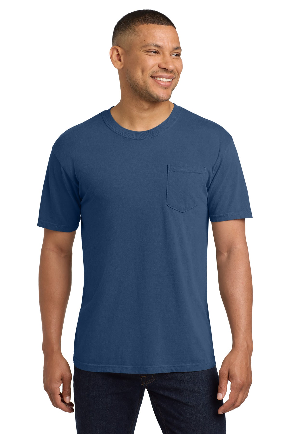 Front View of China Blue COMFORT COLORS Heavyweight Ring Spun Pocket Tee. 6030
