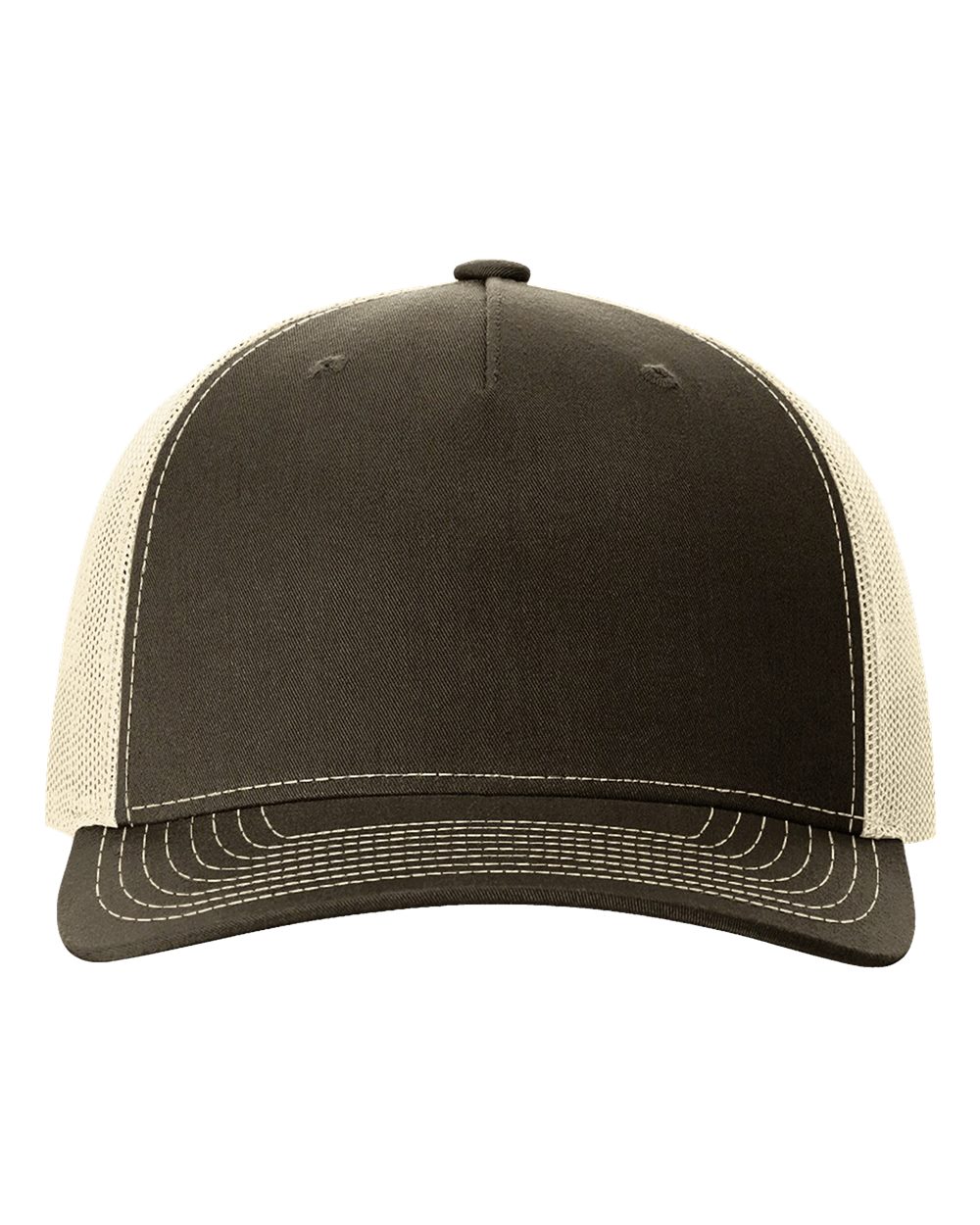 Front View of Chocolate Chip/ Birch Five-Panel Trucker Cap - 112FP