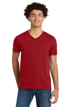 Front View of Classic Red District Very Important Tee V-Neck. DT6500