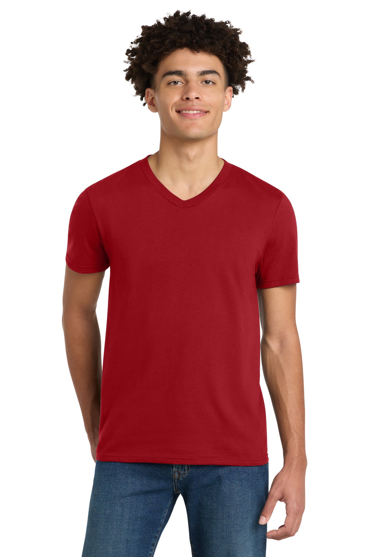 Front View of Classic Red District Very Important Tee V-Neck. DT6500