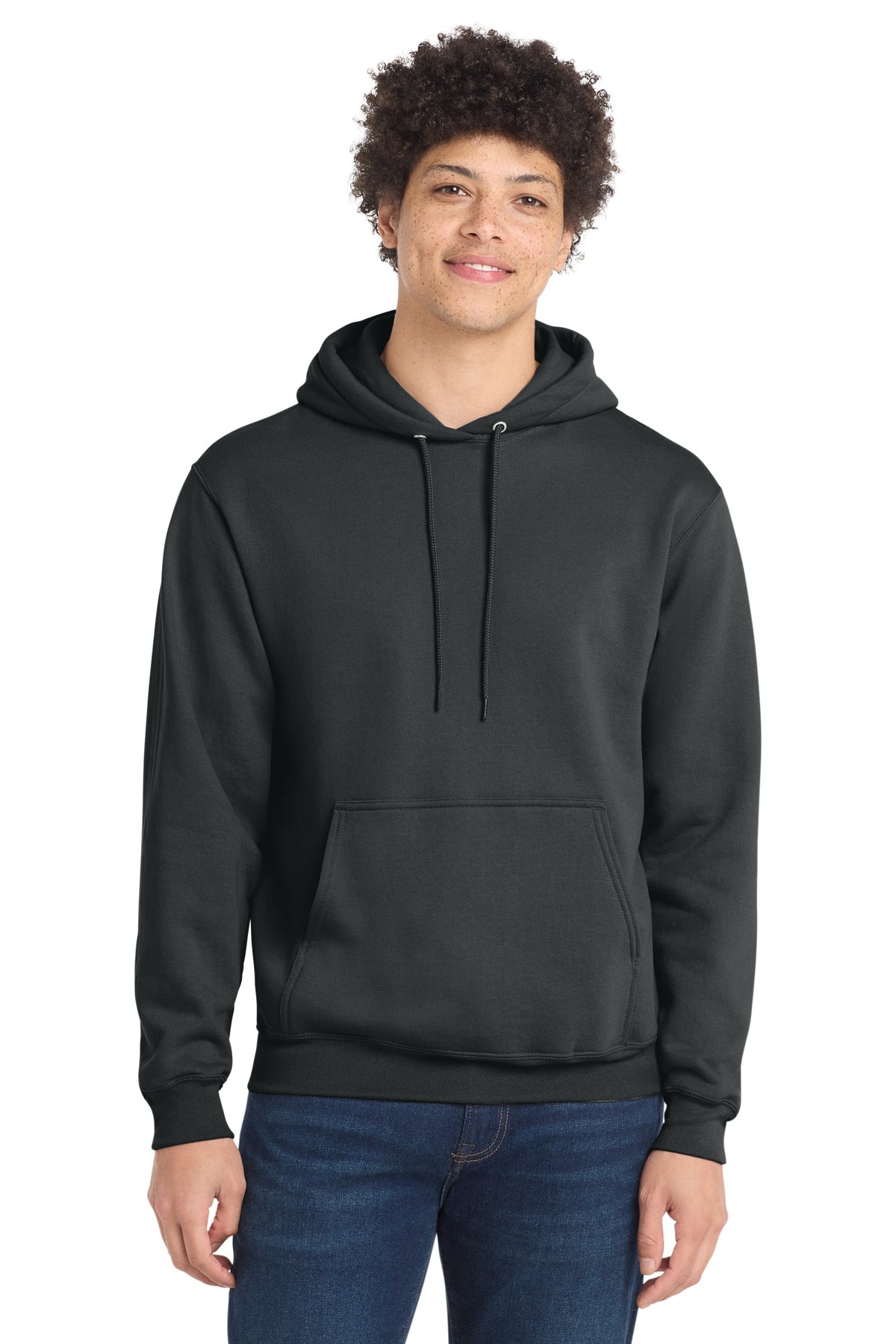 Front View of CoalGrey Port & Co Core Fleece Pullover Hooded Sweatshirt. PC78H