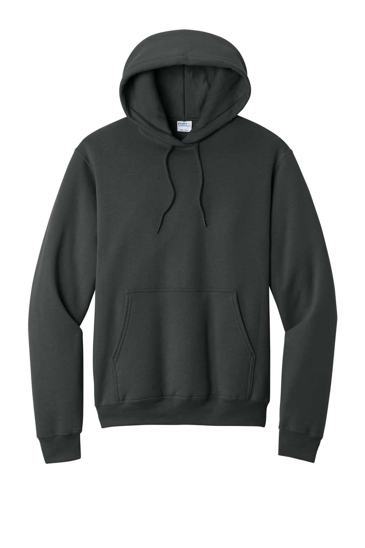 Front View of CoalGrey Port & Co Core Fleece Pullover Hooded Sweatshirt. PC78H